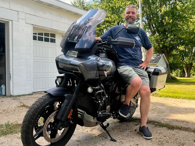 Jacob Wetzell sits on his motorcycle at his home in Sterling. Wetzell recently rode 11,000 miles in 11 days to complete the Iron Butt Rally motorcycle competition.