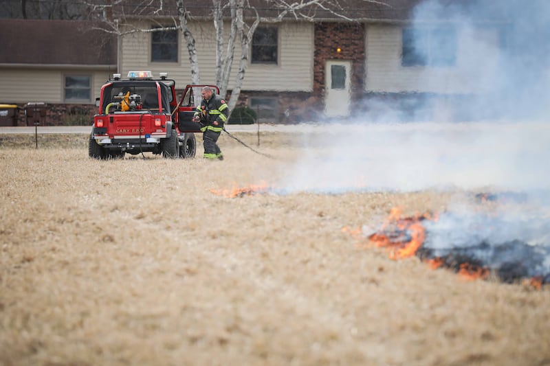 Over seven acres of prairie grass burned in a brush fire in Prairie Grove Thursday March 26, 2026.