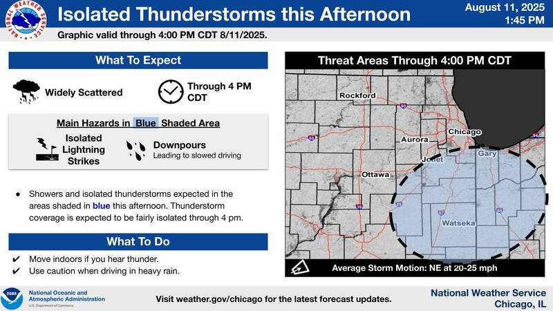 Isolated thunderstorms remain possible, for the most part, along and south of Interstate 80 and along and east of I-55 through 4 p.m. Monday Aug. 11, 2025. Main impacts are lightning and brief heavy downpours, the National Weather Service reports.