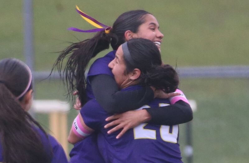 Mendota's Crystal Garcia hugs teammate Noemi Arteaga after scoring a goal during the Class 1A Regional final game against Princeton on Tuesday, May 20, 2025 at Mendota High School.