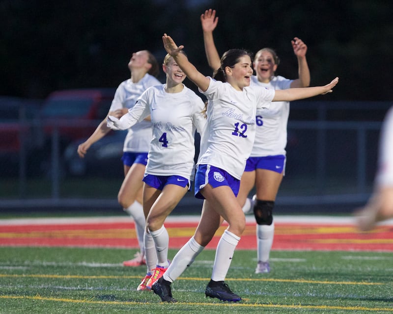 St. Charles North celebrates scoring a goal against Batavia on Thursday, April 17,2025 in Batavia.