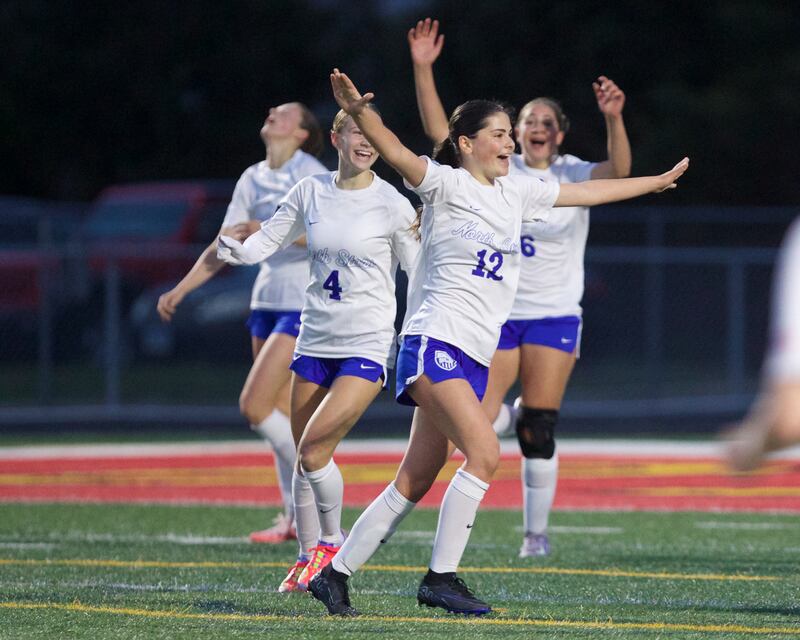 St. Charles North celebrates scoring a goal against Batavia on Thursday, April 17,2025 in Batavia.
