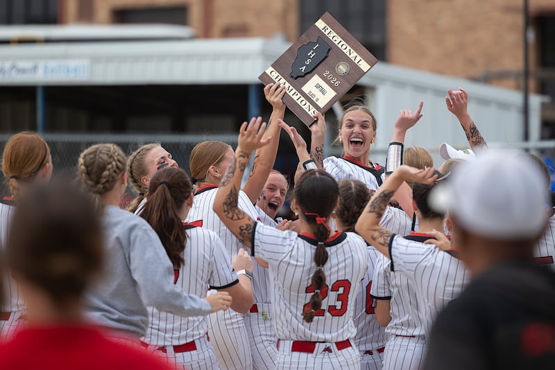 Fulton celebrates their 9-5 win over Morrison Friday, May 22, 2026, at the Class 1A softball regional at Newman High School.