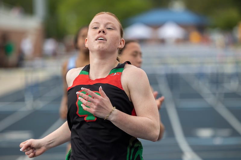 L-P’s Elli Sines crosses the finish in the 100 hurdles Wednesday, May 14, 2025, during Sectionals at Sterling High School.