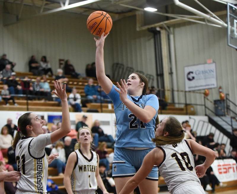 Cissna Park's Lauryn Hamrick takes a shot between a trio of Watseka/Milford defenders during a game at Watseka Monday, Feb. 9, 2026.