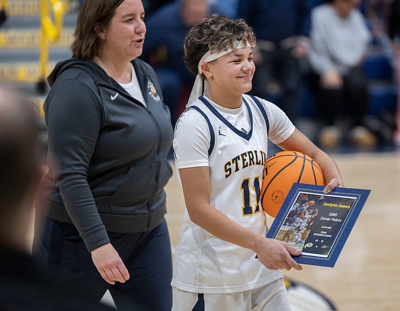 Sterling’s Joslynn James was celebrated Tuesday, Jan. 6, 2026, before the game against Rochelle for scoring her 1,000 career point on Dec. 26.