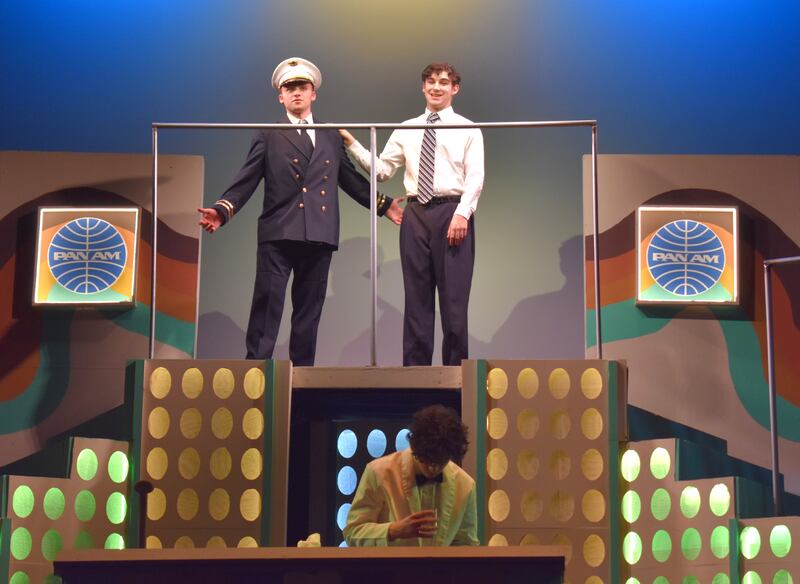 Cole Stumpenhorst (left) and Owen Gaffey finish a song during rehearsal at Sterling High School Wednesday, Feb 26th, 2025. Show times are Feb. 28 and March 1 at 7:30pm and March 2, at 2pm. Tickets are $12 for adults and $7 for students.