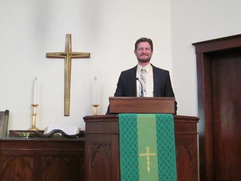 Pastor DJ Freemyer sharing his message at Sunday morning worship at Plano Methodist Church. He was named interim pastor in September 2025.