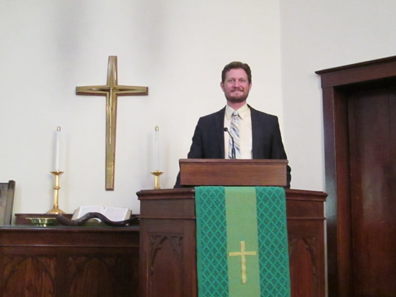 Pastor DJ Freemyer sharing his message at Sunday morning worship at Plano Methodist Church. He was named interim pastor in September 2025.