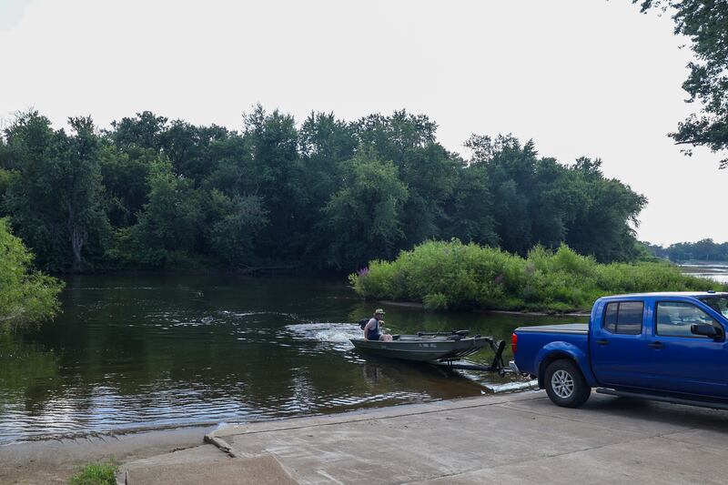 A boater leaves the Kankakee River using the boat launch at Potawatomi Park in Aroma Park on Thursday, Aug. 14, 2025, where Kankakee County recently finished dredging work top restore river access.