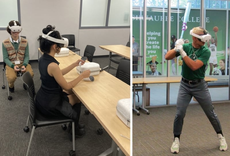 Kishwaukee College students using classroom and athletic virtual reality headsets bought with a Meta Data Center Community Action Grant