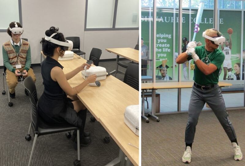 Kishwaukee College students using classroom and athletic virtual reality headsets bought with a Meta Data Center Community Action Grant