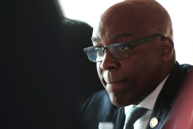 Illinois State Attorney General Kwame Raoul listens to public comment on Wednesday, Sept. 8, 2021, at Joliet Area Historical Museum in Joliet, Ill. Illinois State Attorney General Kwame Raoul and his team held a small meeting with community members after his announcement of a civil investigation into the Joliet Police Department.