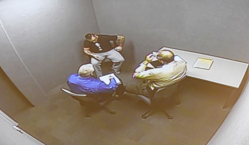 On Tuesday, Jan. 20, 2026, jurors watched a 3-hour video interview of Duane C. Meyer (facing the camera) as he was questioned by investigators on Oct. 28, 2016 following the deaths of his ex-wife and son in their Byron home.