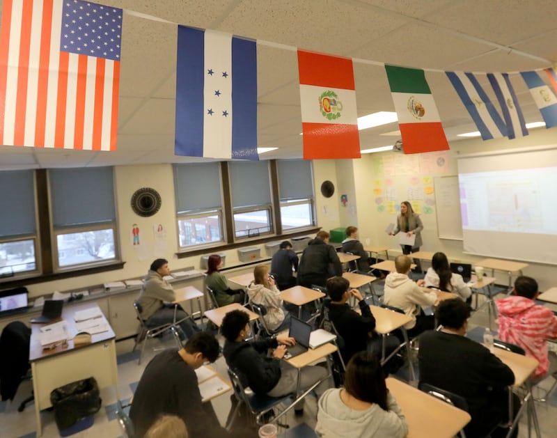 Maria del Carmen Hans Villa teaches a dual language Latin American culture class on Monday, Feb. 2, 2026, at Woodstock High School. In 2025, a total of 136 graduates from Woodstock and Woodstock North high schools earned the Illinois State Seal of Biliteracy.