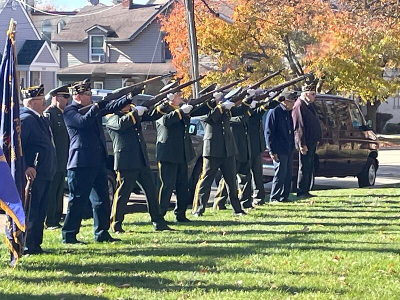 Members of the Mendota VFW Post 4079 Veterans Memorial Squad and Mendota American Legion Post 540 fire volleys honoring those who served during Veterans Day services Saturday, Nov. 11, 2023, at Veterans Park in Mendota.
