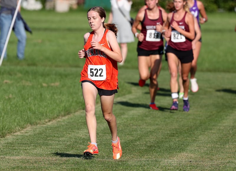 DeKalb’s Alex Schwantes leads a pack in the varsity race Tuesday, Sept. 2, 2025, during the Sycamore Cross Country Invitational at Northern Illinois University in DeKalb.
