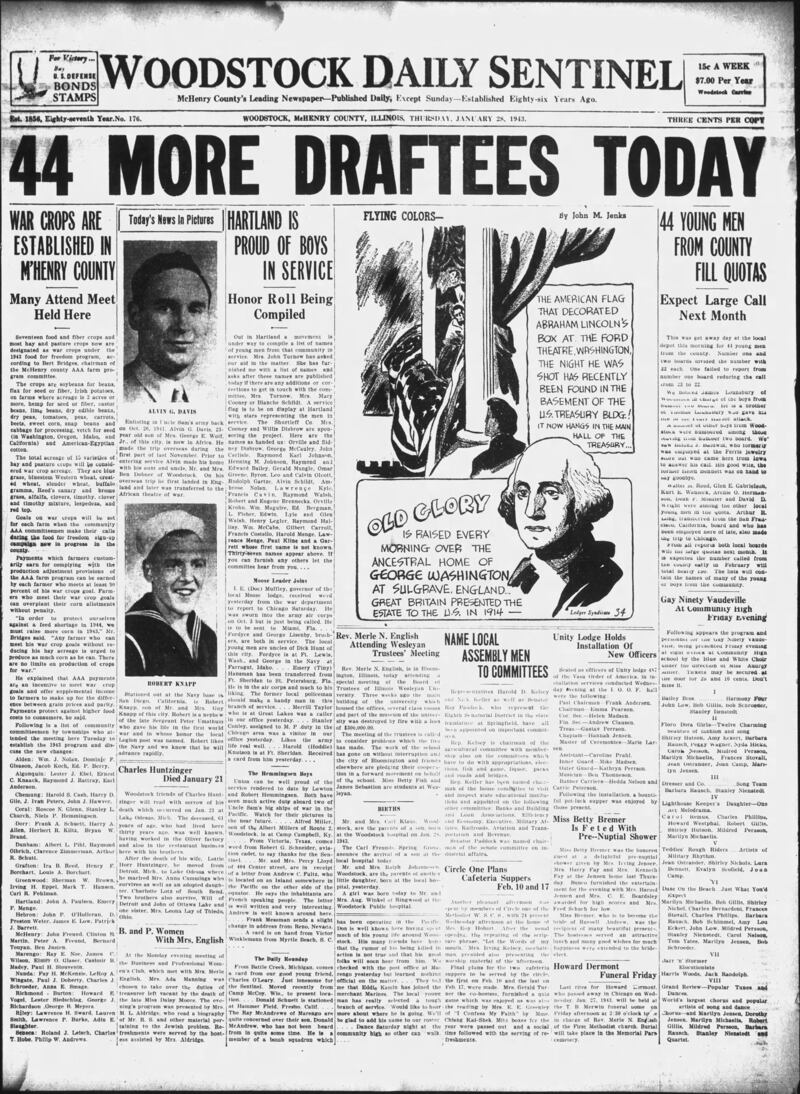 The cover of the Woodstock Daily Sentinel for January 28, 1943