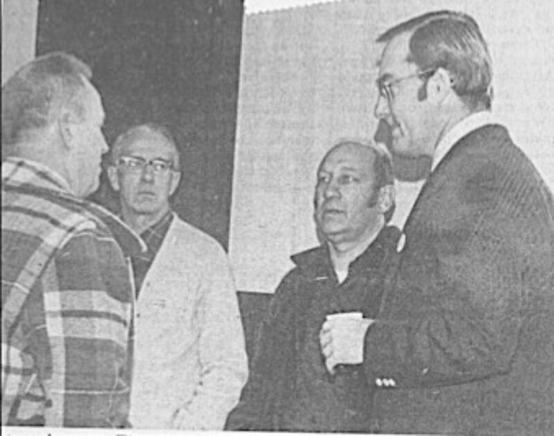 1976: He was still deciding whether to run or not, but James Thompson came to Yorkville as one of his spots to test the waters. He is shown here with local residents, left to right, Harry Crawford, Ed Mitchell of Plano and John Schneider. Thompson did decide to run and was governor of Illinois from 1977 to 1991. (Record file photo)