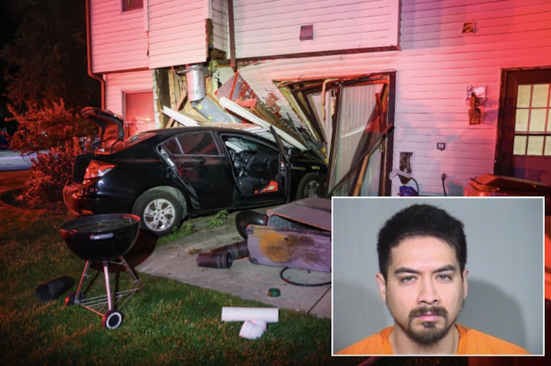Matthew R. Zamorano is accused of crashing his car into a townhouse in Woodstock at about 2:30 a.m. on May 30, 2026, while a family of four slept inside. (Inset photo provided by the McHenry County Sheriff's Office)