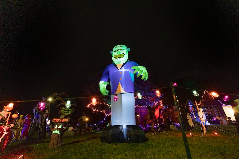 Frankenstein’s Monster lords over this packed house on Marsha Lane in Rock Falls. Lots of crazy characters getting into all sorts of mischief here.