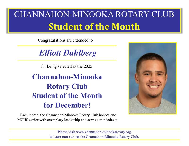 Elliott Dahlberg, Channahon-Minooka Rotary Club “Student of the Month” for December.