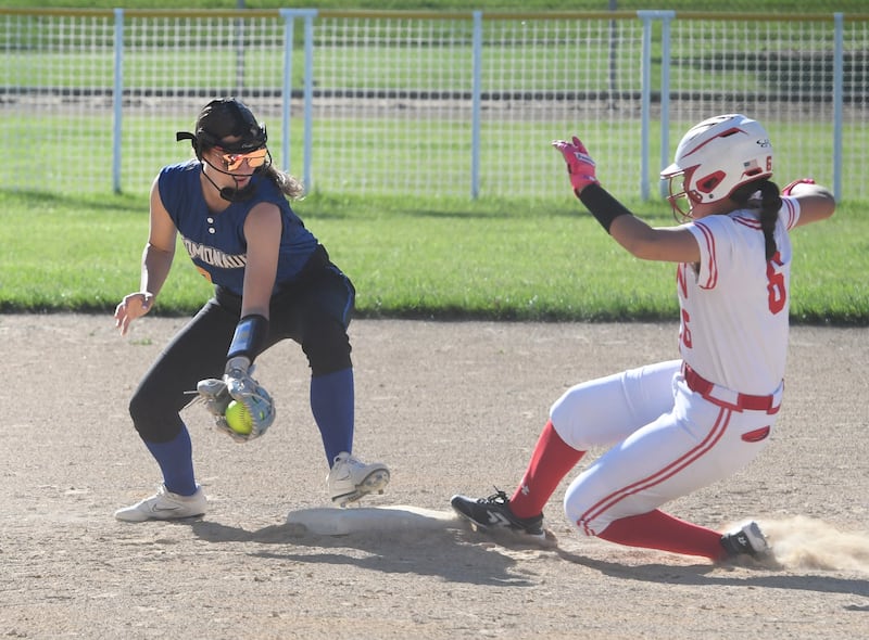 Oregon's Giselle Zavala beats the throw to second as Somonauk's Kayla Anderson tries to make the tag at the 2A Oregon Regional on Wednesday, May 20, 2026.