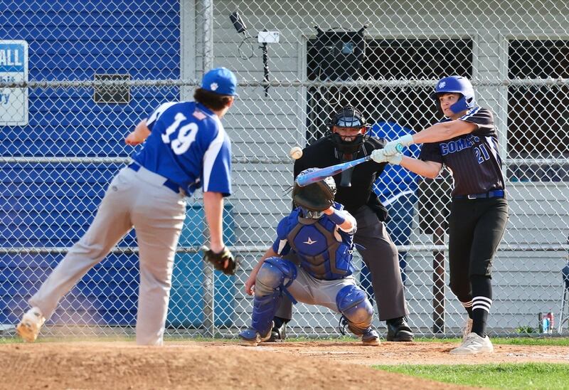 Newman's Michael Morse connects for a base hit to right field to tie the game 2-2 in the sixth inning Tuesday at Princeton. The Comets won 3-2.