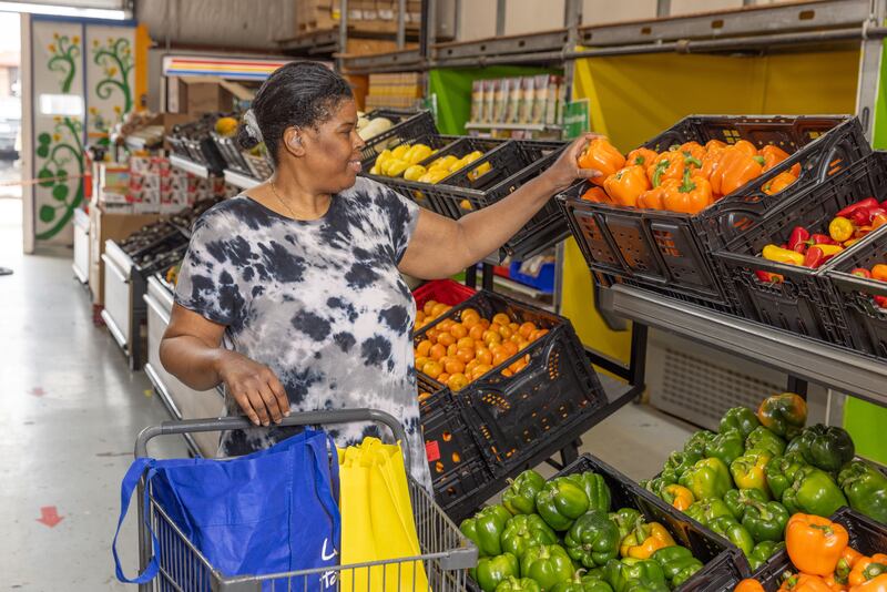 A West Suburban Community Pantry client selects vegetables at the Woodridge-based facility.