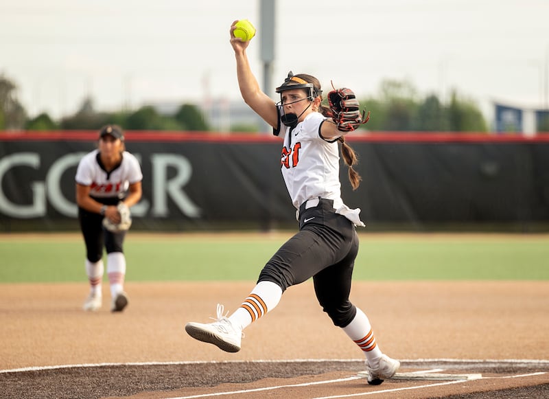 Lincoln-Way West's Abby Brueggmann winds up for a pitch against Mundelein Saturday, June 6, 2026, in the class 4A state softball title game.
