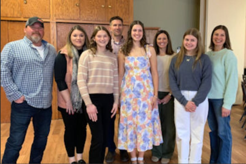 Fort du Rocher DAR essay winners: Front: Bailey Miller, Claire Boudreau, Kiley Mason. Back: Michael & Julia Miller, Nathan & Becky Boudreau, Brandy Mason. Not pictured: Aden Tillman.