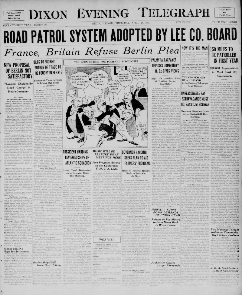 The cover of the Dixon Evening Telegraph for April 28, 1921