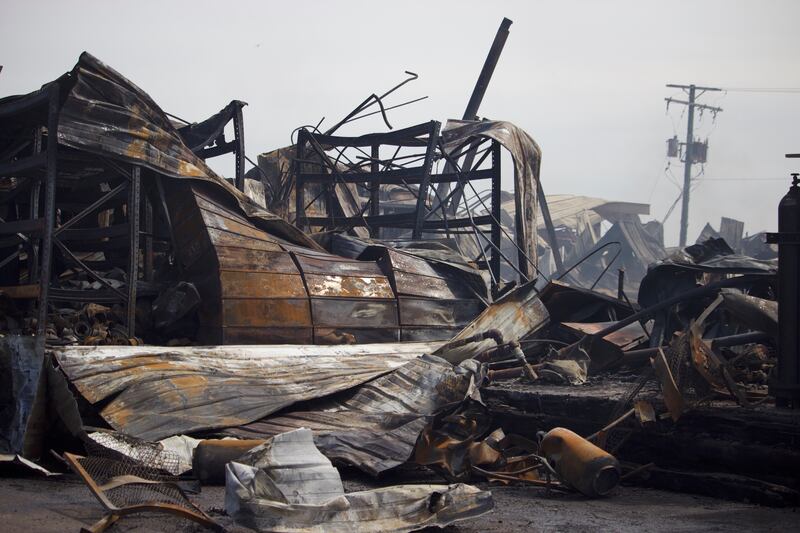 The wreckage from of a fire on Monday, April 14, 2025, that destroyed a building at the site for Rovanco Piping Systems, 20535 SE Frontage Road, Joliet.
