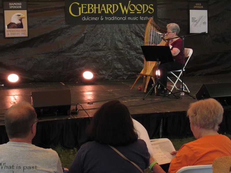 Cindy Shelhart performs on the main stage during the Gebhard Woods Dulcimer Festival on Saturday, June 13, 2026.