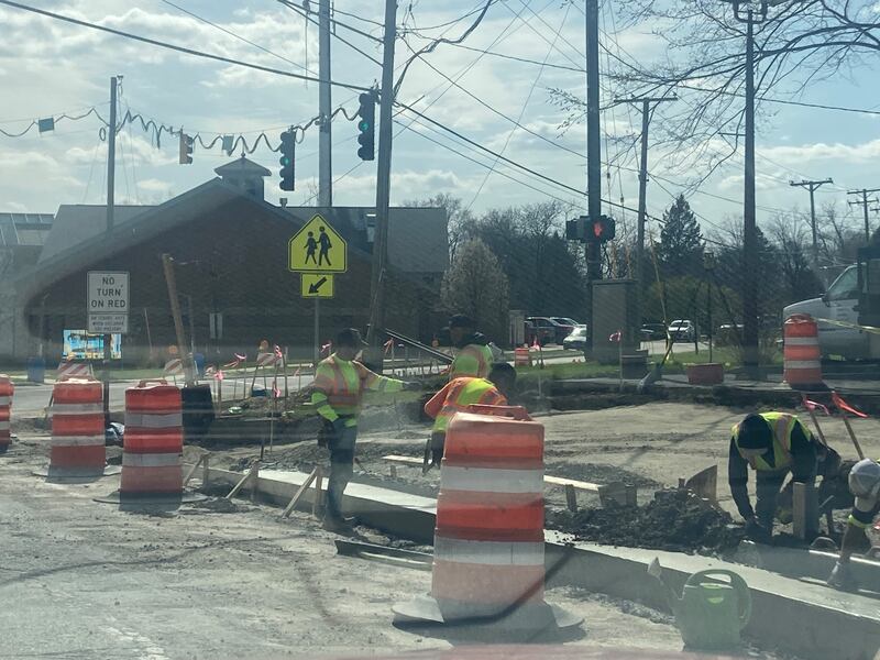Construction workers work on the Illinois Route 7 Channelization project near the intersection of 9th Street and 7th Street in Lockport. 
April 14, 2025.