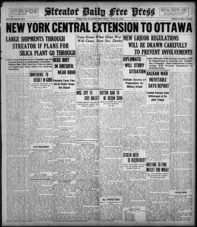 The cover of the Streator Daily Free Press for May 26, 1923