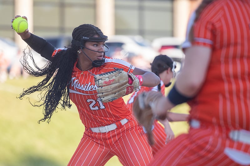 Milledgeville’s Kendra Kingsby throws to first on a bunt against Dakota Tuesday, May 26, 2026, at the Eastland Class 1A softball sectional quarterfinal.