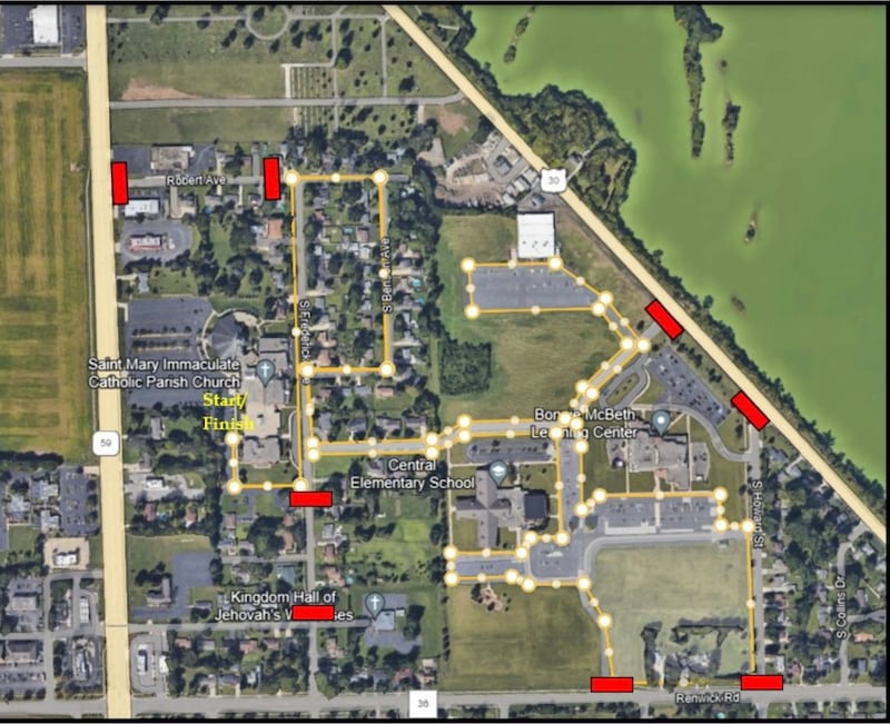 The race route and traffic changes for the Knights of Columbus/St. Mary Immaculate Parish Mile Run & 5k Race in Plainfield on Saturday, May 24, 2025.