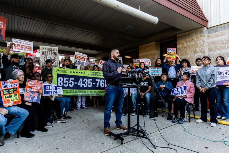 Will County Rapid Response Network’s Marcos Ceniceros speaks during a press conference held to uplift immigrant families and denounce the presence of the Texas National Guard in Will County at Azteca de Oro in Joliet on Oct. 8, 2025.