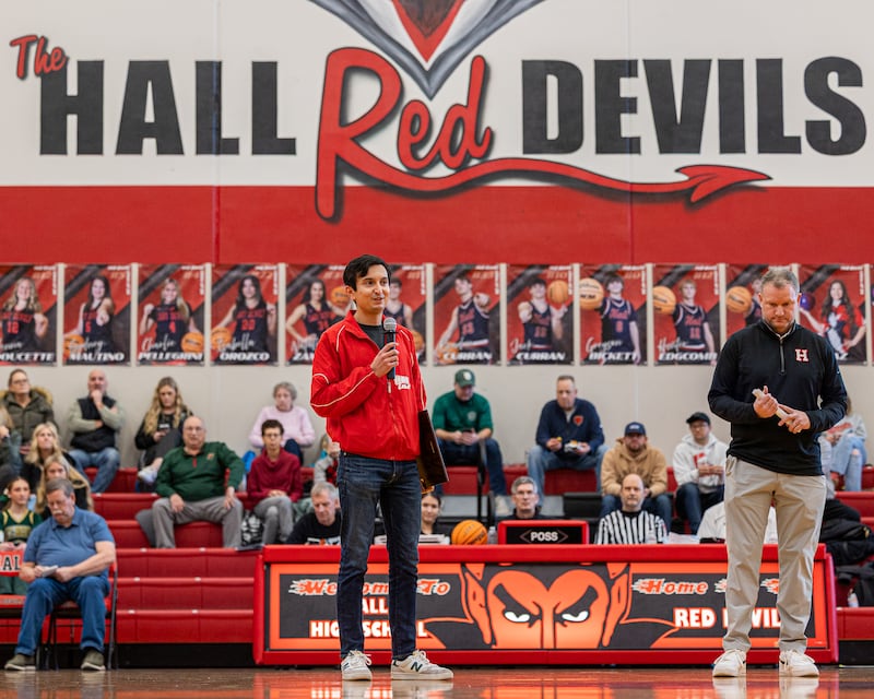 Al Baldonado speaks as he's inducted into the 2026 Hall High School Hall of Fame on Saturday, January 31, 2026 at Hall High School in Spring Valley.