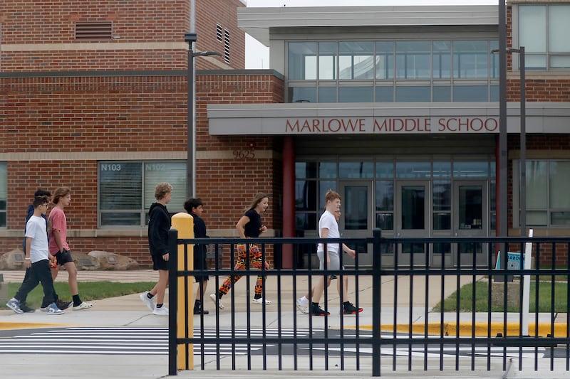 Students outside Marlowe Middle School on Thursday, Oct. 12, 2023. The Huntley Community District 158 board at its Sept. 21 meeting voiced concerns about the Secretary of State’s library grant program.
