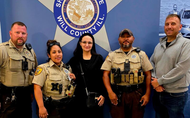 Will County Sheriff's Office Sgt. Brett Bjork (left), Deputy Victoria Janovyak, Hanan Shaheen, Deputy Riguberto Cisneros, and Deputy Matt Silverstein, at the sheriff's office on Monday, May 19, 2025, in Joliet.