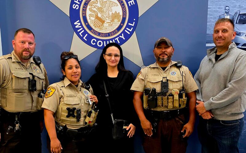 Will County Sheriff's Office Sgt. Brett Bjork (left), Deputy Victoria Janovyak, Hanan Shaheen, Deputy Riguberto Cisneros, and Deputy Matt Silverstein, at the sheriff's office on Monday, May 19, 2025, in Joliet.