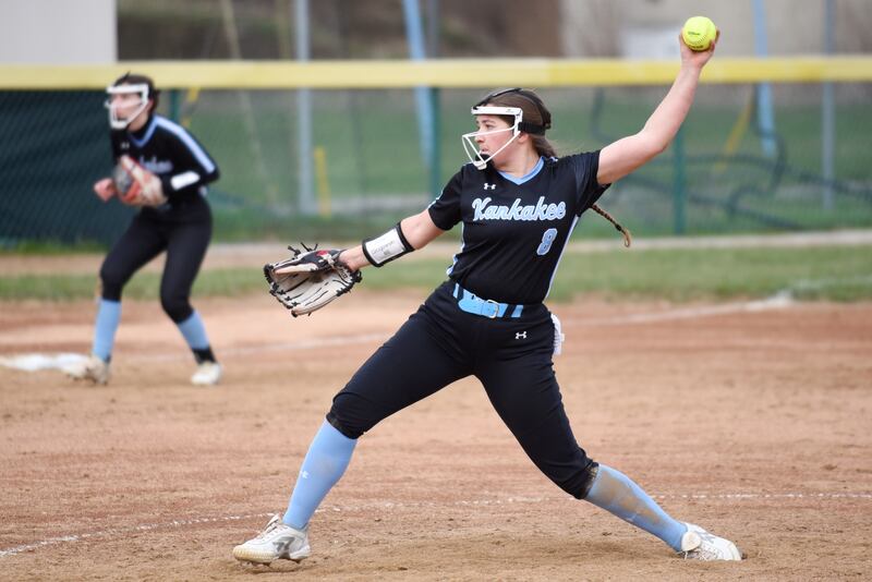Kankakee's Kylie Glogowski throws a pitch during a home game against Thornwood Thursday, April 17, 2025.