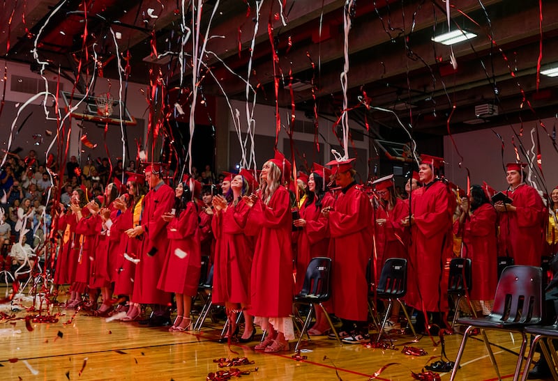 Streamers fall Friday, May 15, 2026, at the end of Sauk Valley Community College’s commencement.