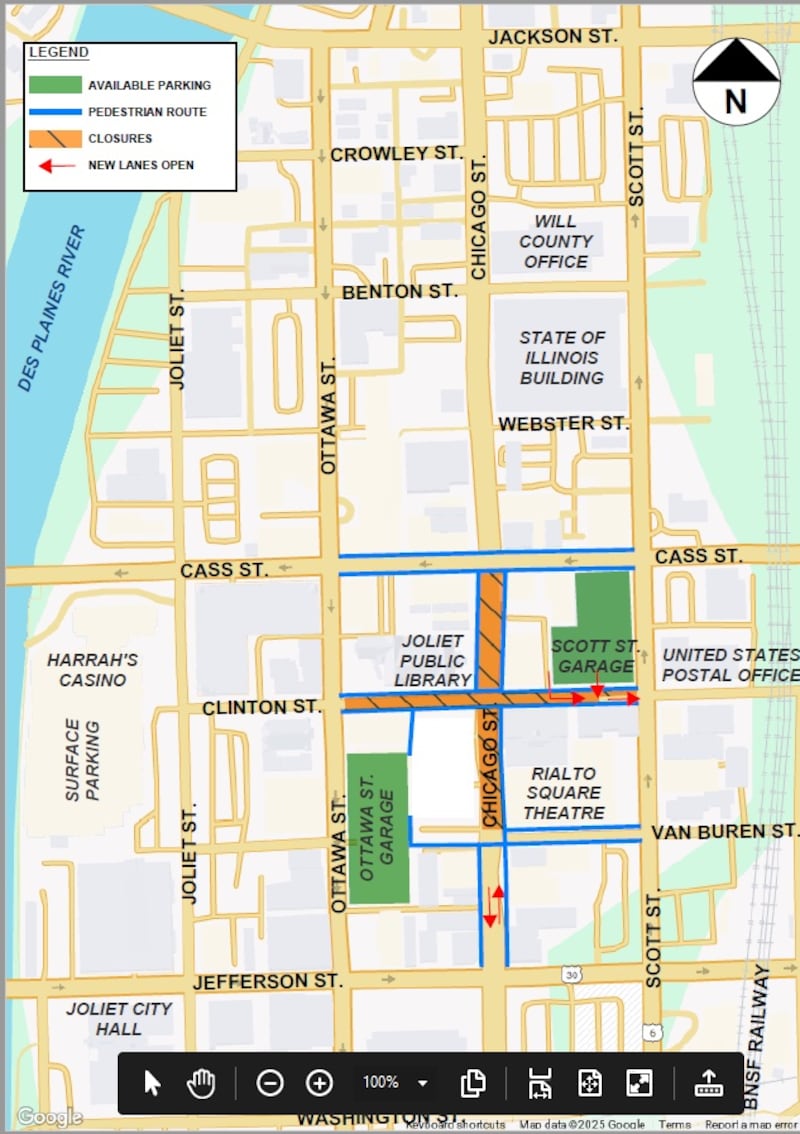 As part of the next phase of construction for the downtown Chicago Street Streetscape project in downtown Joliet, traffic control and safety measures will be changing in two stages beginning, Monday, April 14, 2025.