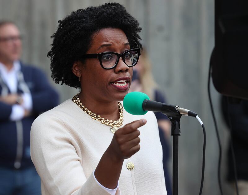 U.S. Rep. Lauren Underwood, D-Naperville, speaks Wednesday, April 23, 2025, during a rally to support Northern Illinois University’s international students, faculty and staff. The event was held in front of Founders Memorial Library at NIU in DeKalb.