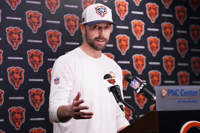 Chicago Bears offensive coordinator Declan Doyle talks to media members at a news conference after the NFL football team's rookie camp in Lake Forest, Ill., Saturday, May 10, 2025. (AP Photo/Nam Y. Huh)
