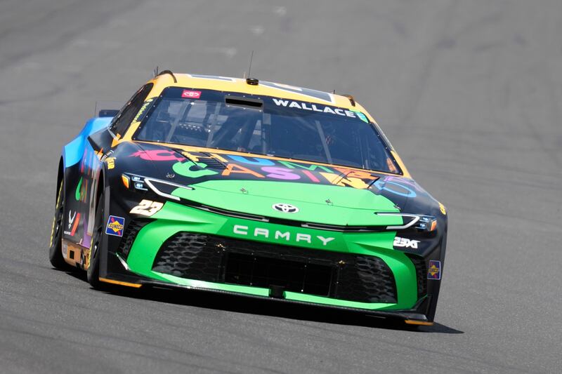 Bubba Wallace drives during the NASCAR Cup Series auto race at Indianapolis Motor Speedway, Sunday, July 27, 2025, in Indianapolis. (AP Photo/Darron Cummings)