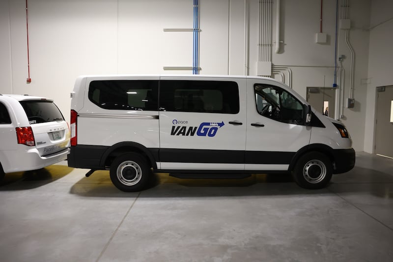 A VanGo vehicle, part of Pace’s pilot program vanpool option, sits inside the New Heritage Plainfield Facility.